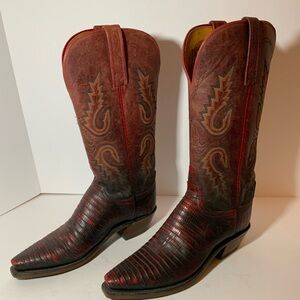 NWT Lucchese 1883 Women’s Red & Brown Lizard Snip Toe Western Boots Sz 6 B $899